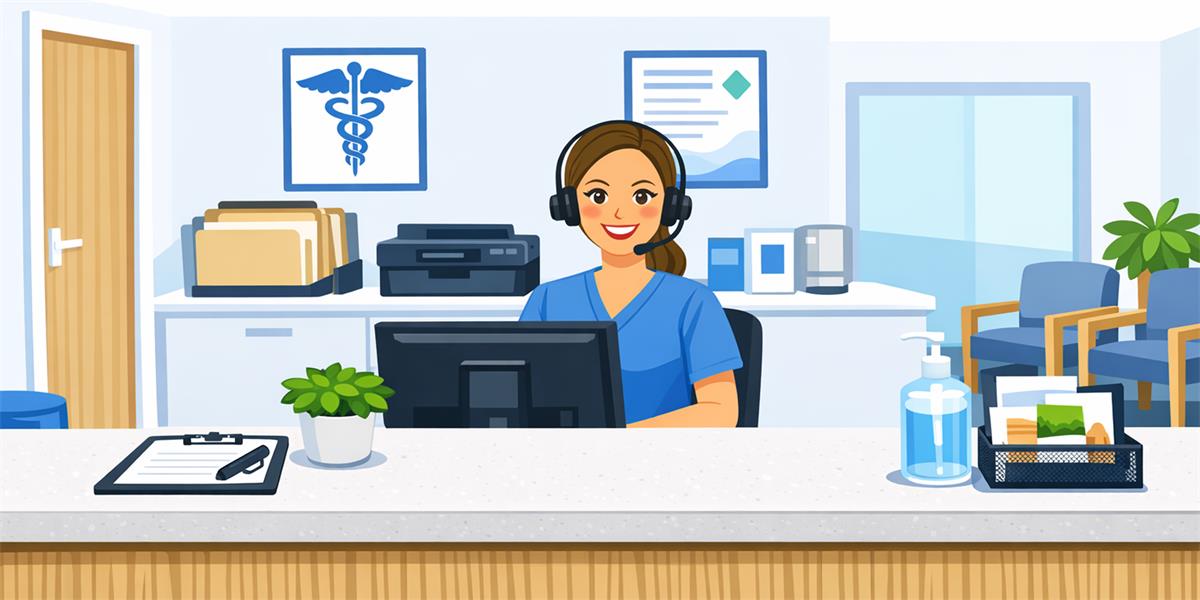Illustrated clinic reception desk viewed from the patient’s perspective. A smiling receptionist in blue scrubs and a headset sits behind a computer monitor. The desk holds a clipboard, potted plant, hand sanitizer, and brochure holder. Behind her are file folders, posters, and a small waiting area with chairs and a plant. 